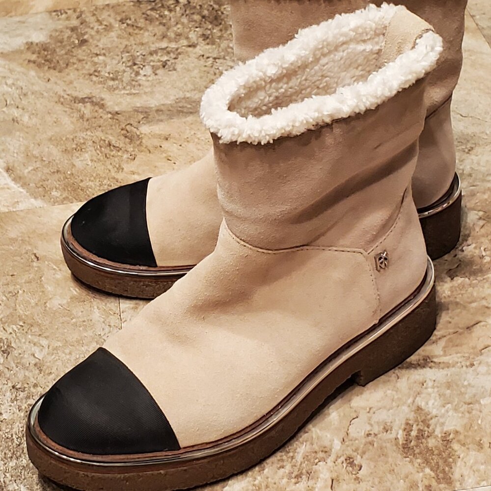 DKNY Tan Suede, Black Grosgrain Ribbon and Sherpa Booties Size 6